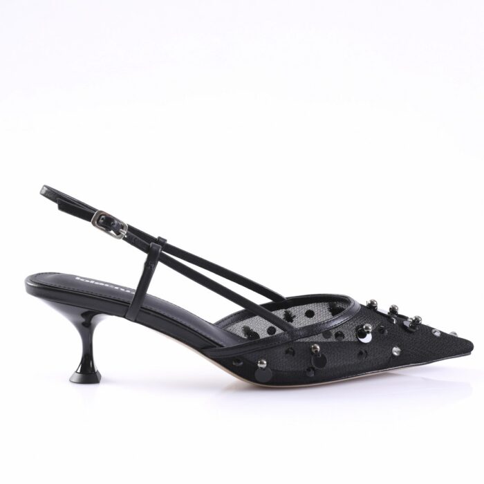 Black strappy slingback kitten-heel sandal with studded embellishments and adjustable ankle strap.