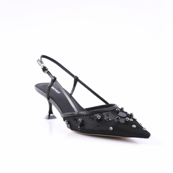 Black pointed-toe slingback heel with decorative beads and rhinestones on the front panel; low kitten heel and thin ankle strap.