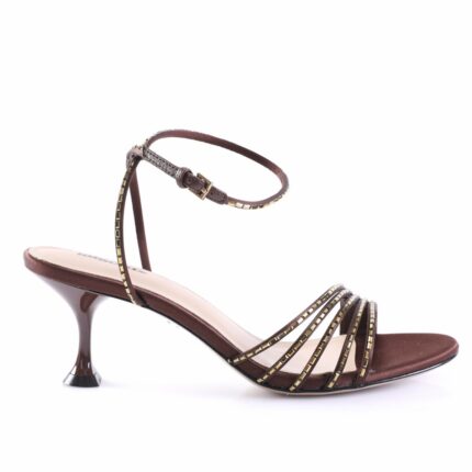 Brown strappy heeled sandal with gold accents and ankle buckle