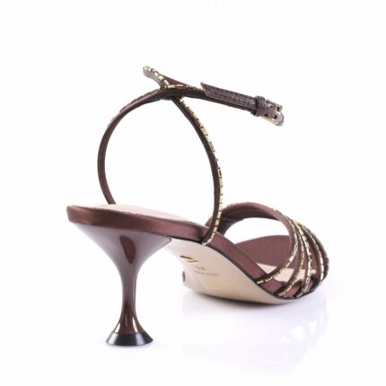 Back view of a brown strappy high-heeled sandal with a slim heel and gold-accented straps