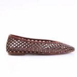 Brown women's flat with a diamond lattice cutout design and small rhinestones across the surface, suede-like finish.