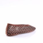 Brown flat shoe with a lattice of small rhinestones on a tan suede-like material, slip-on ballet flat on a white background