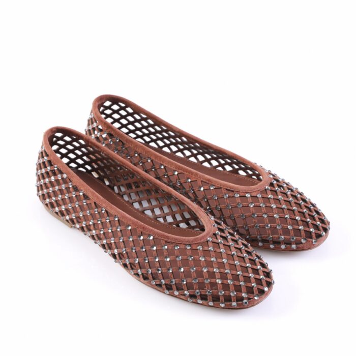 Brown lattice ballet flats with sparkly studs, pair shown on white background.