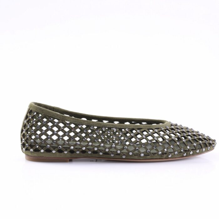 Olive-green lattice ballet flat with diamond-shaped cutouts and small studs, flat sole visible.