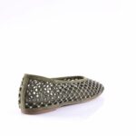 Olive green ballet flat with a diamond lattice cutout design and small metal studs, viewed from the side.