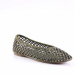 Olive green flat shoe with a lattice cutout design and crystal studs along the weave in a pointed toe shape.