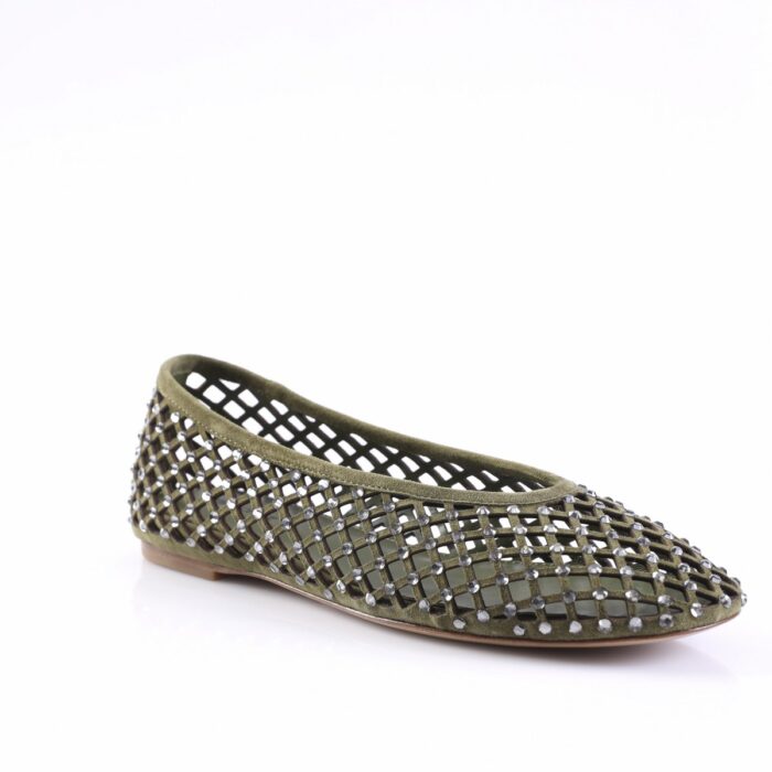 Olive green flat shoe with a lattice cutout design and crystal studs along the weave in a pointed toe shape.