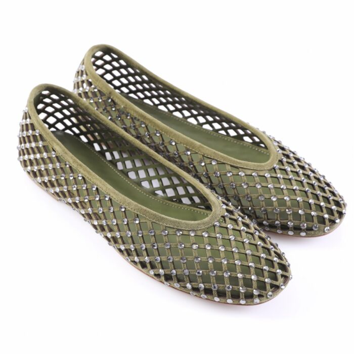 Olive green mesh ballet flats adorned with small silver studs on a white background, open lattice design.