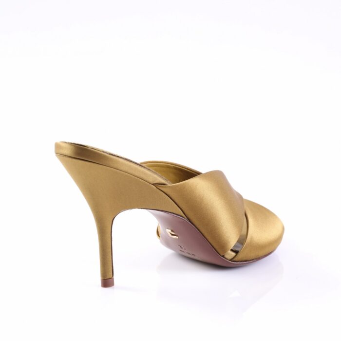 Gold satin high-heeled mule with a knotted strap, side view (stiletto heel)
