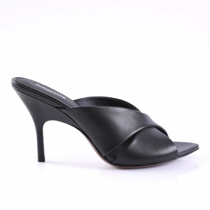 Black leather open-toe mule with a slim stiletto heel, shown in profile on a white background