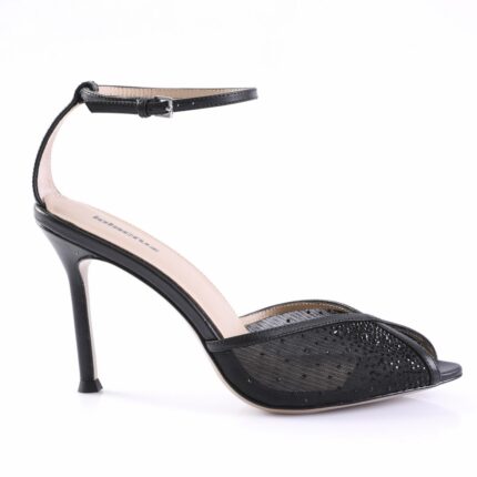 Black high-heeled sandal with ankle strap and rhinestone-embellished toe area, open toe, mid-height stiletto heel.