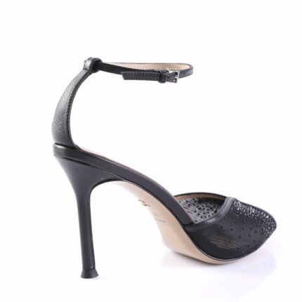 Black open-toe high-heeled sandal with ankle strap and stiletto heel, side view.