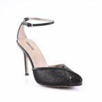 Black open-toe high-heeled sandal with an ankle strap and rhinestone embellishments.