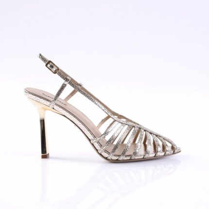 Silver strappy open-toe high-heeled sandal with a slim stiletto heel and ankle buckle