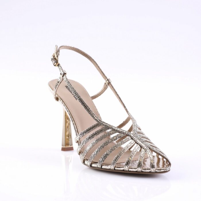 Silver strappy high-heeled sandal with thin glittery straps and open toe on a white studio backdrop.