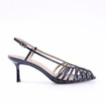 Navy blue strappy women's sandal with a low kitten heel and ankle buckle.