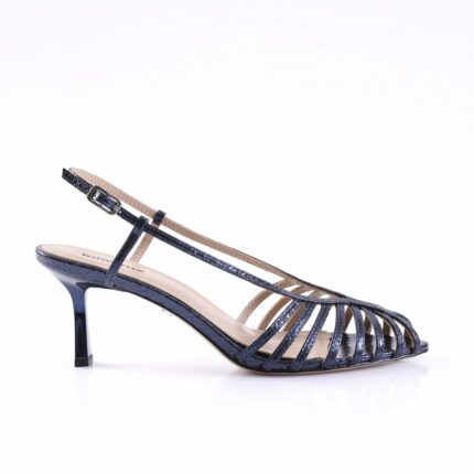 Navy blue strappy women's sandal with a low kitten heel and ankle buckle.