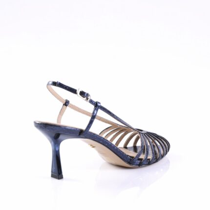 Navy blue strappy women's sandal with a slim mid-height heel and ankle strap/buckle