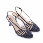 Navy blue strappy slingback heels with an open toe and woven front detail, mid-height block heel