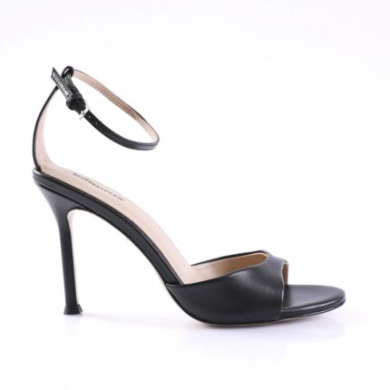 Black open-toe high-heeled sandal with a slim ankle strap viewed from the side.