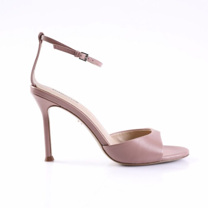 Pink open-toe stiletto sandal with an ankle strap and buckle, side view.