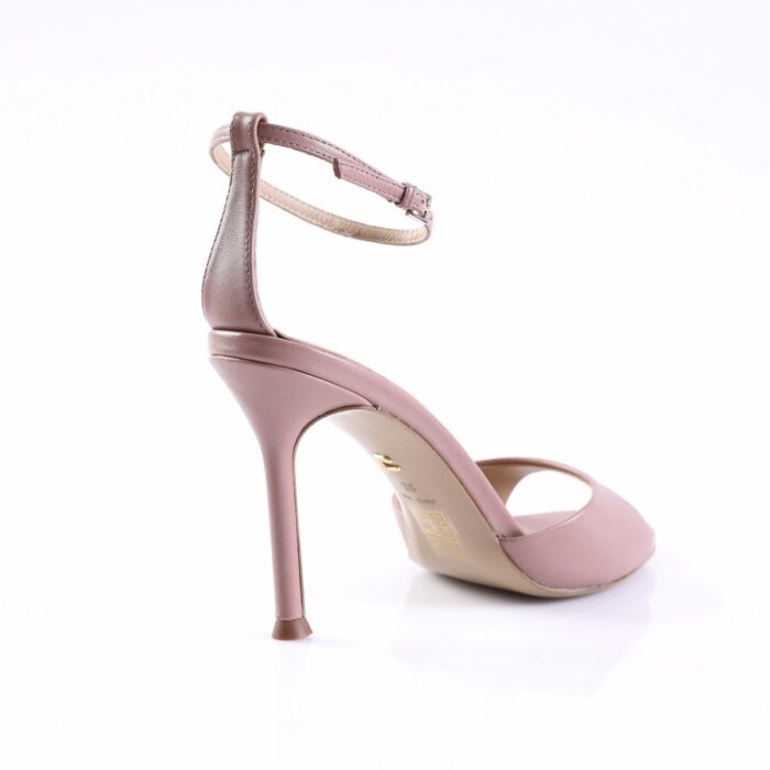 Pink high-heeled sandal with ankle strap, viewed from the side/back.