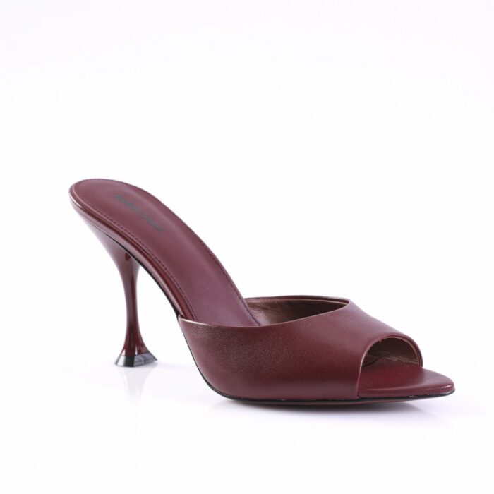 Burgundy leather open-toe mule with a slender curved heel on a white studio background