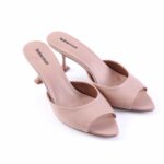 Beige open-toe high-heeled mules with slim kitten heels and a branded light-pink insole.