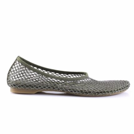 Olive green mesh ballet flat with lattice weave on a white background, low sole visible.