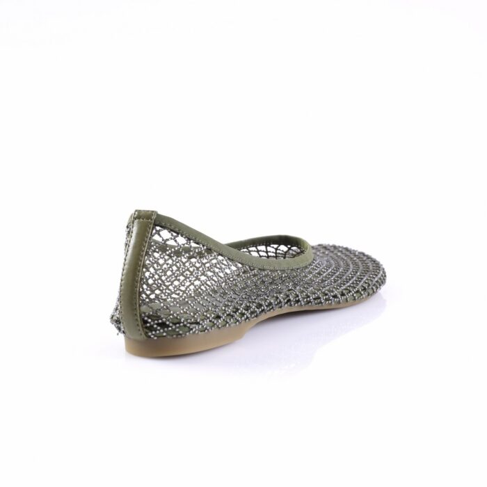Olive-green mesh slip-on sandal with a back strap and light tan sole, displayed on a white background