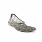 Silver mesh ballet flat with olive-green trim and beige sole, viewed from the side.