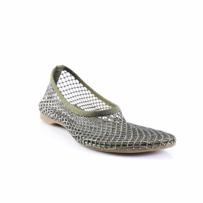 Silver mesh ballet flat with olive-green trim and beige sole, viewed from the side.