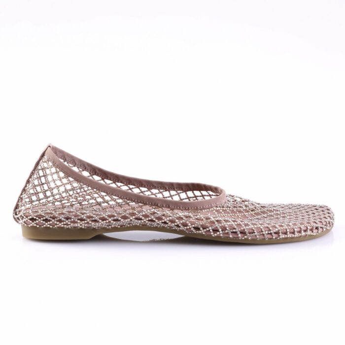 Rose pink mesh ballet flat with crystal embellishments and a tan sole