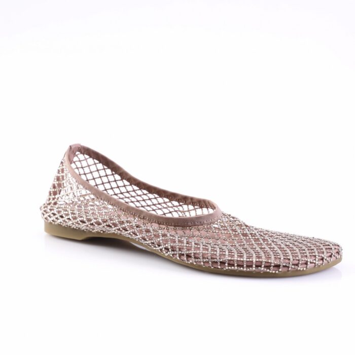 Rose-colored, lattice-mesh ballet flat with a light tan sole.