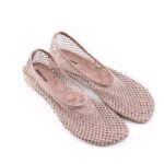 Pink mesh ballet flats covered in small rhinestones, women's dress shoes
