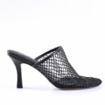 Black mesh mule with stiletto heel, open-back slide for women, shown in profile on a white background