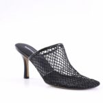 Black mesh mule with an open toe and slim mid-height heel, featuring a lattice-style upper.