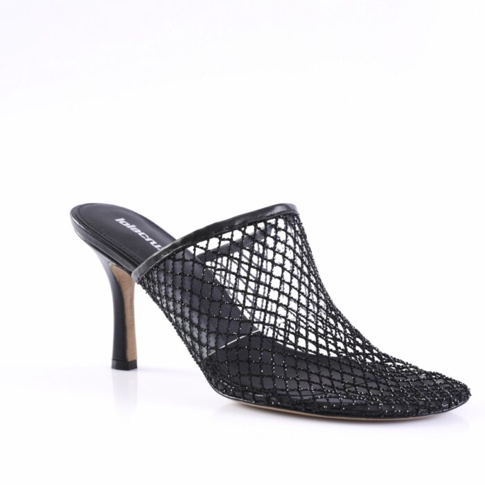 Black mesh mule with an open toe and slim mid-height heel, featuring a lattice-style upper.