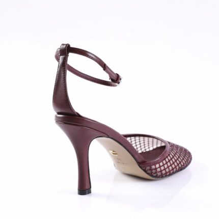 Maroon high-heeled sandal with an ankle strap and mesh-covered toe, viewed from the back-left.