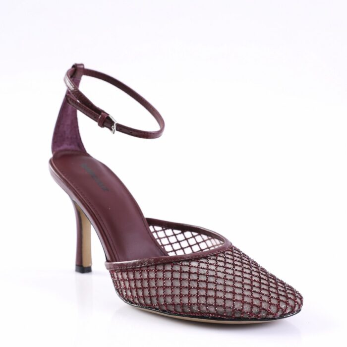 Burgundy open-toe high-heel sandal with a diamond-mesh upper and a slim ankle strap.",