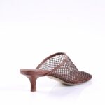 Brown mesh mule with a low, curved heel displayed on a white studio background.