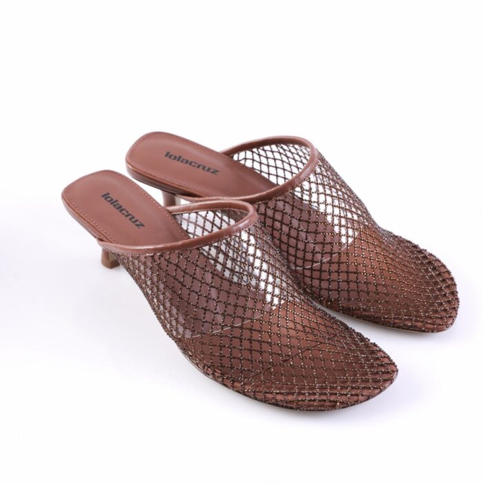 Brown mesh slip-on sandals with a low, square heel and open back. Brand name 'lolacruz' visible on insole.