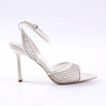 White strappy high-heeled sandal with rhinestone lattice and ankle buckle.