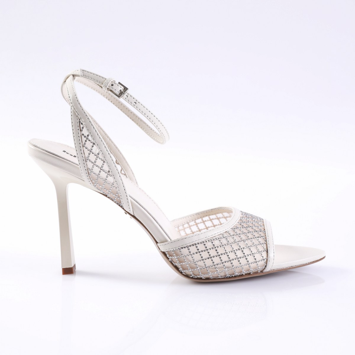 26NVM191CR-1 White strappy high-heeled sandal with rhinestone lattice and ankle buckle.