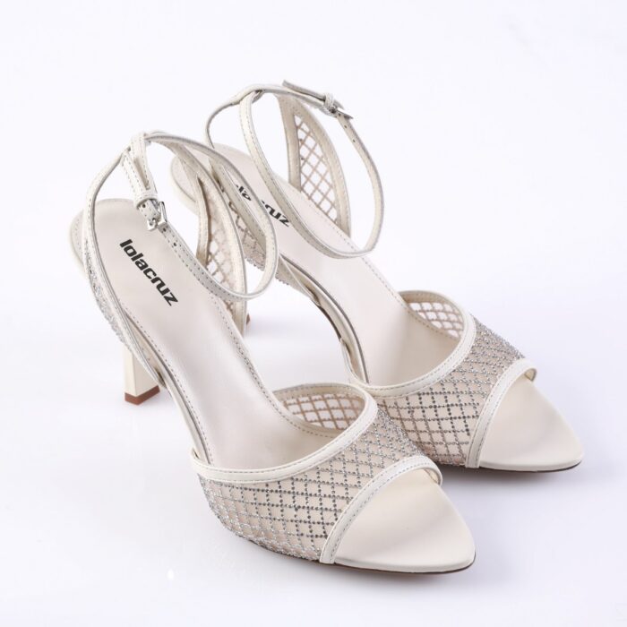 Cream open-toe high-heeled sandals with mesh lattice and rhinestone accents, with ankle straps.