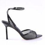 Black strappy high-heel sandal with mesh panels and an ankle strap (open toe).