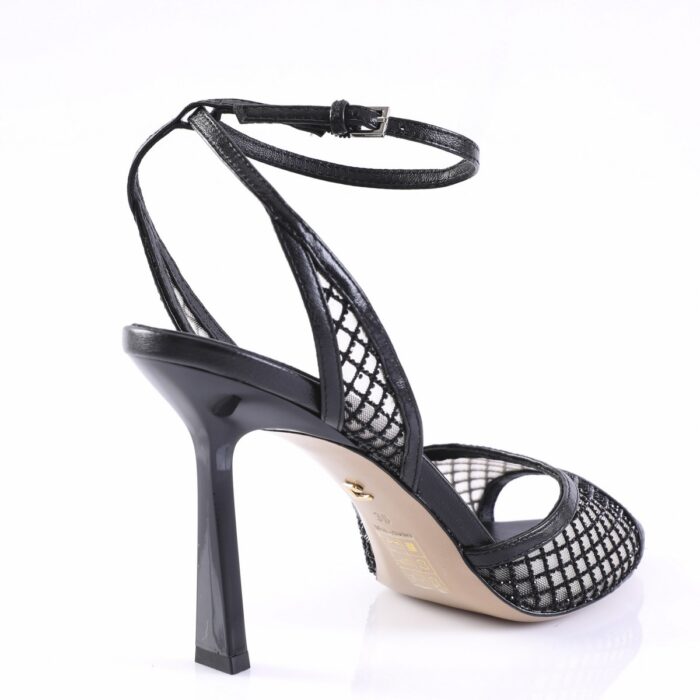 Black strappy high-heeled sandal with a mesh lattice upper and ankle strap on a white background.