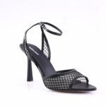 Black strappy high-heeled sandal with mesh panels and ankle strap on a white background, product shot