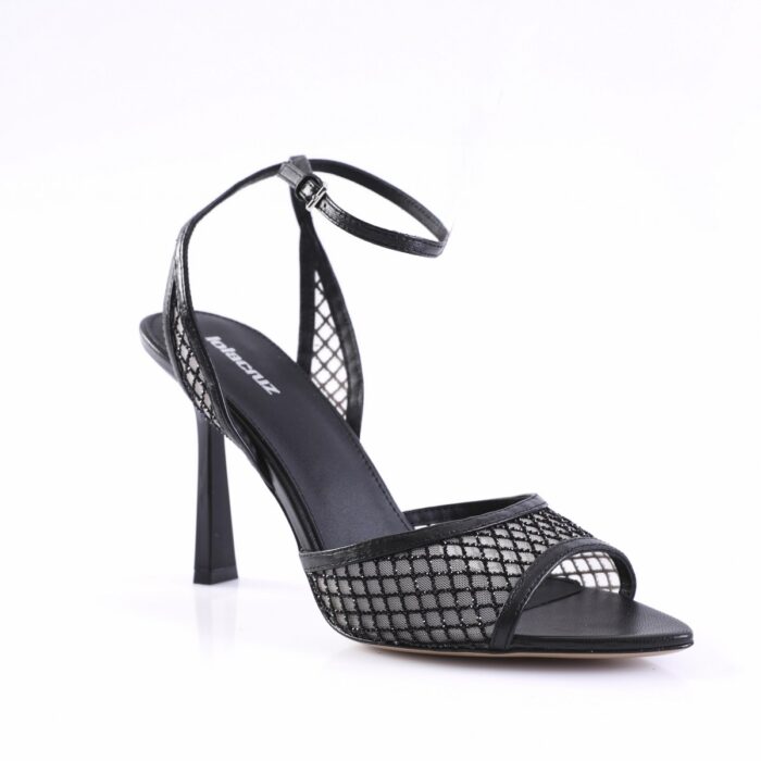 Black strappy high-heeled sandal with mesh panels and ankle strap on a white background, product shot