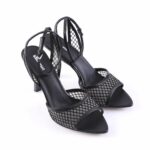 Black strappy high-heeled sandals with mesh lattice panels and open toes, photographed against a white background.